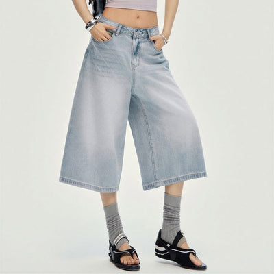 Women's Summer Gradient Washed Wide-Leg Denim Capri Pants