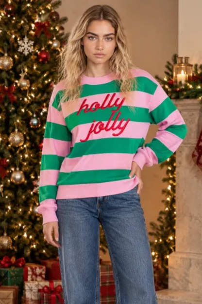 Women's Christmas Letter Color Block Crew Neck Sweatshirt