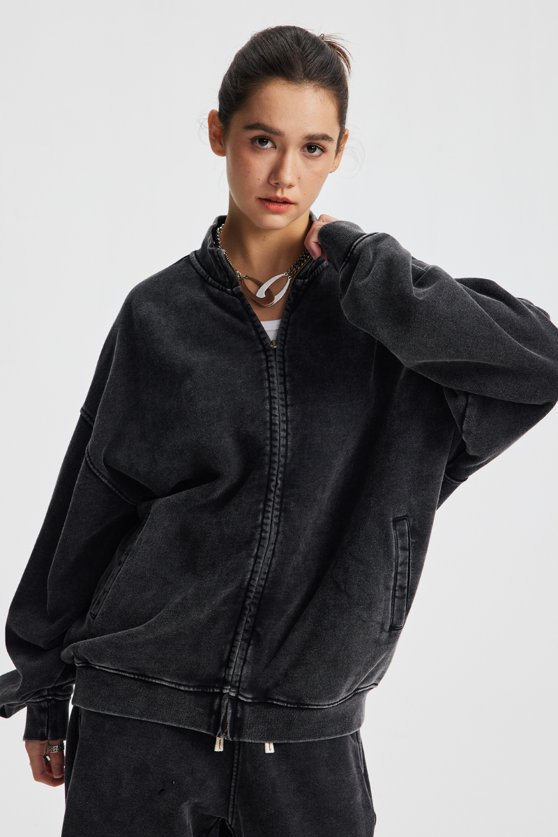 Women's Cotton Streetwear Wax-Dyed Washed Stand Collar Distressed Jacket