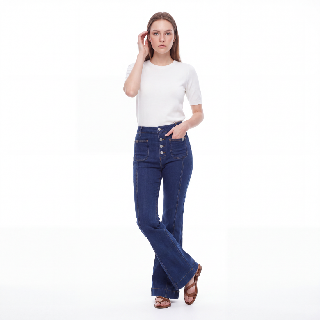 Women's High Waist Button Fly Stretch Flare Jeans