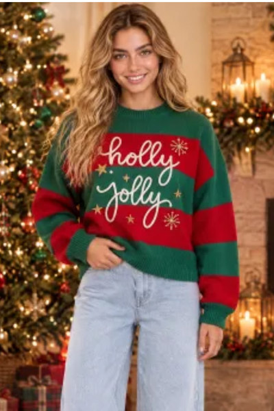 Women's Christmas Letter Print Crew Neck Knit Sweater