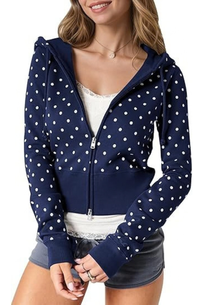 Women Fall Clothing Polka Dot Cropped Zip Hoodie Jacket