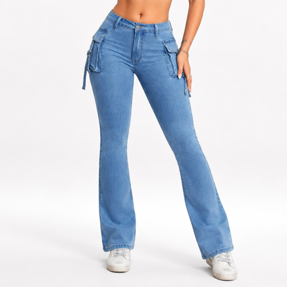 Women's High Waist Stretch Flare Cargo Jeans