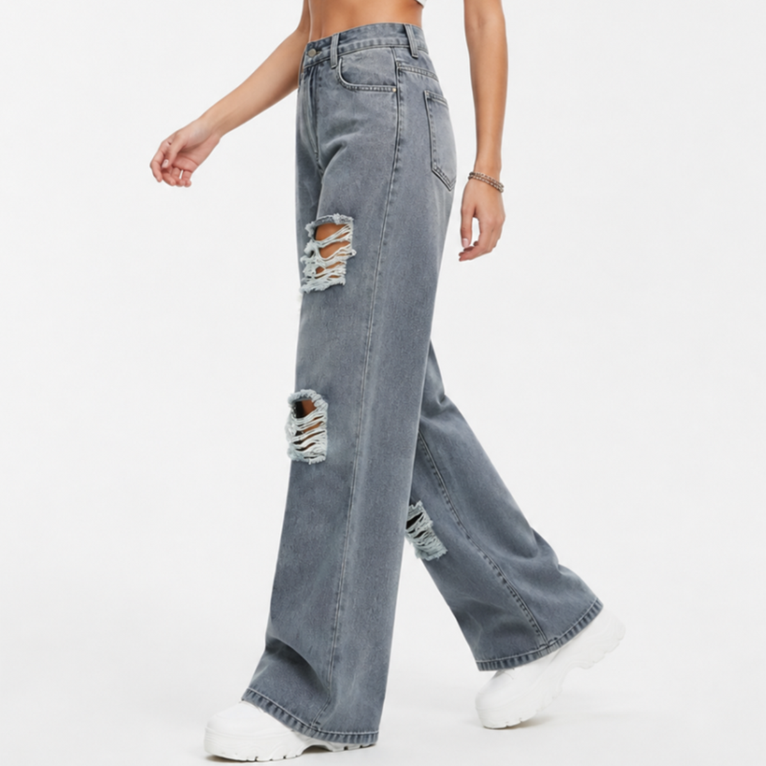 Women's High Waist Distressed Ripped Wide Leg Jeans