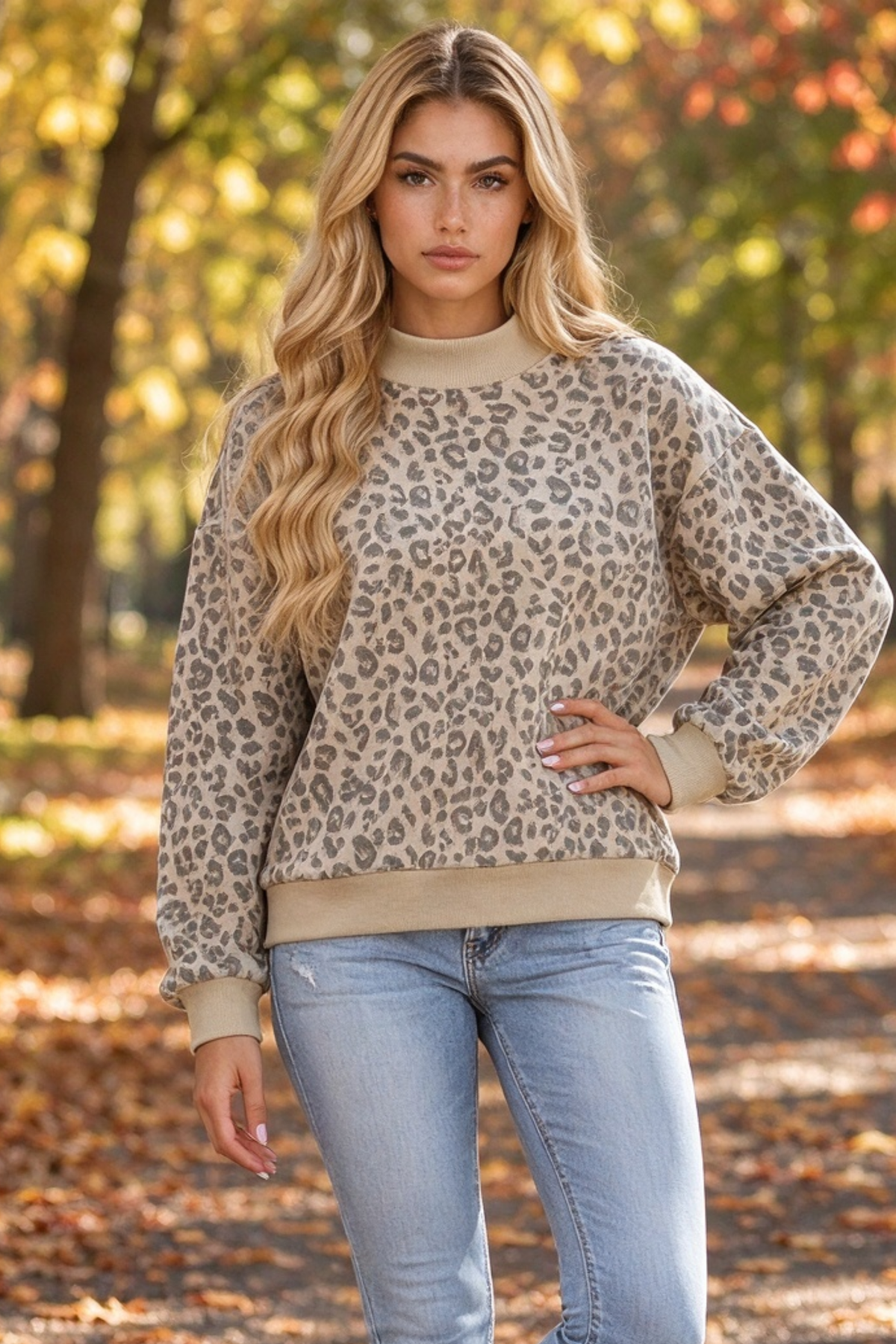 Women's Fall Leopard Print Rib Loose Pullover Sweatshirt