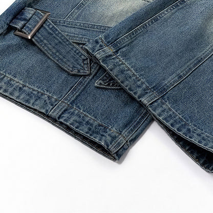 Men's Spring Deconstructed Metal Buckle Cargo Denim Jeans