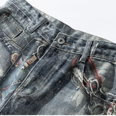 Men's Summer Vintage Washed Chain Print Baggy Denim Shorts