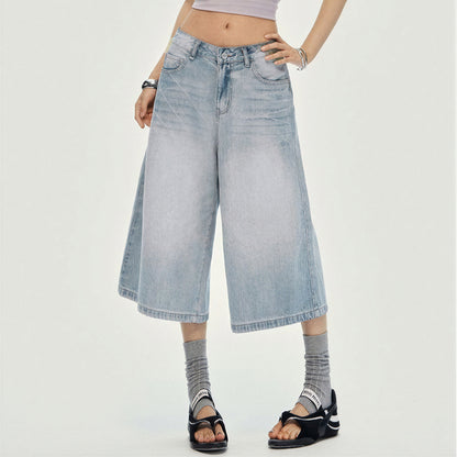 Women's Summer Gradient Washed Wide-Leg Denim Capri Pants