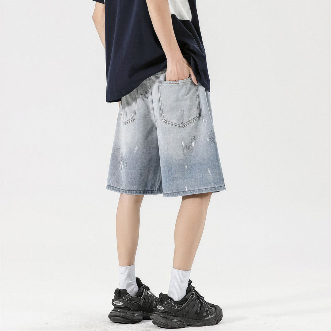 Men's Summer Light Wash Splash Ink Drawstring Denim Shorts