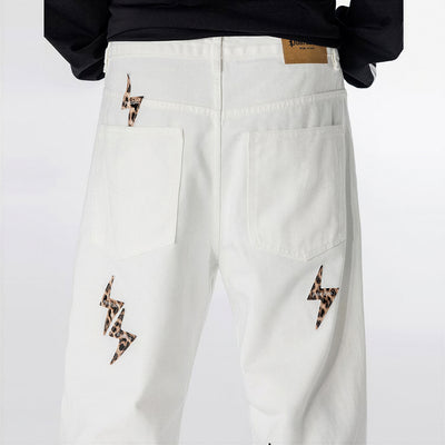 Men's Spring White Leopard Lightning Embroidery Jeans