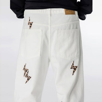 Men's Spring White Leopard Lightning Embroidery Jeans