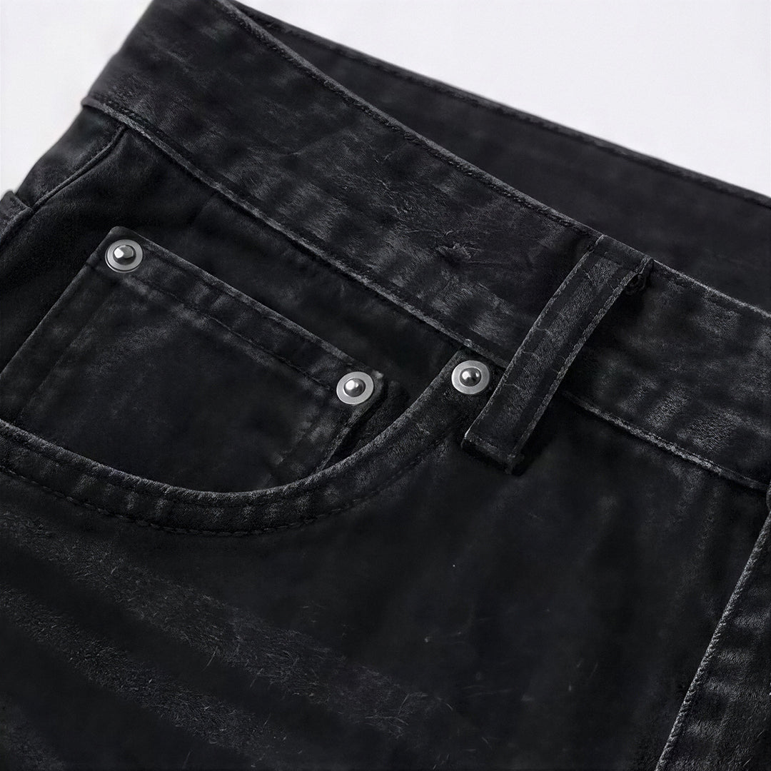 Men's Spring Black Gray Washed Cat Whisker Baggy Denim Jeans
