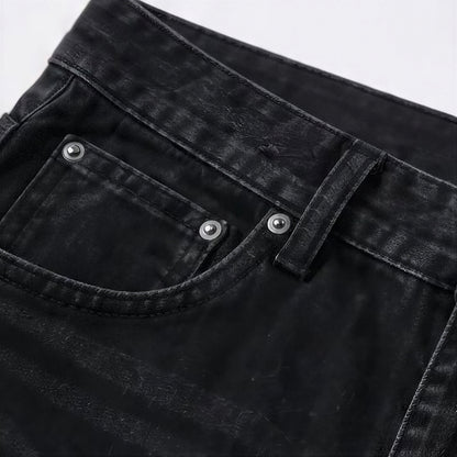 Men's Spring Black Gray Washed Cat Whisker Baggy Denim Jeans
