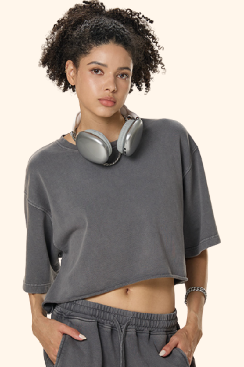 Women's Summer Washed Crop Boxy 280g Cotton Distressed Set