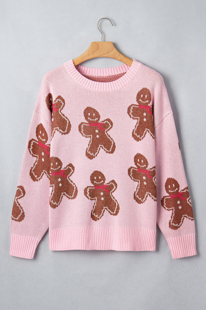 Women's Fall Christmas Gingerbread Print Crew Knit Sweater
