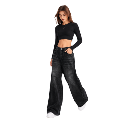 Women's high-rise wide-leg jeans with a half-elastic waist