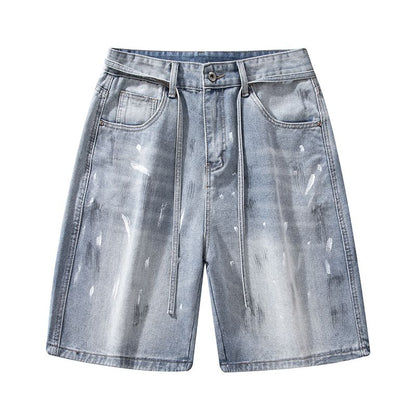 Men's Summer Light Wash Splash Ink Drawstring Denim Shorts