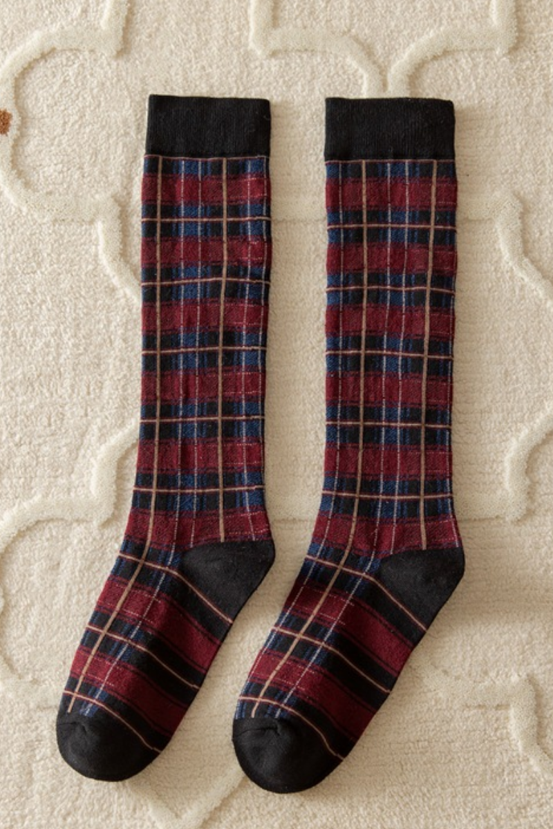 Women Fall Vintage Plaid Stretch Knee High Dress Socks
