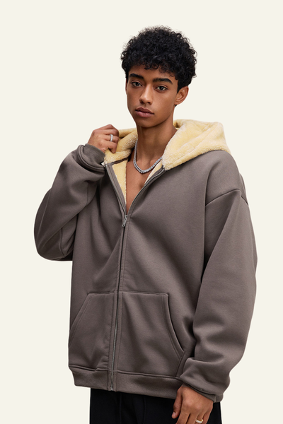 Men's Streetwear Brand Fleece-Lined Hooded Jacket