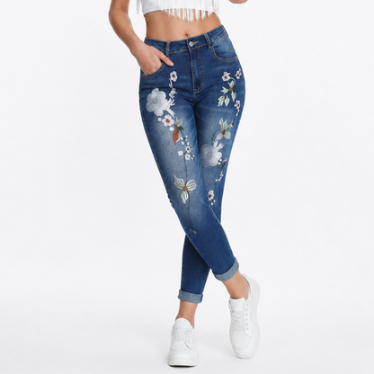 Women's Vintage High Waist Floral Embroidered Skinny Jeans