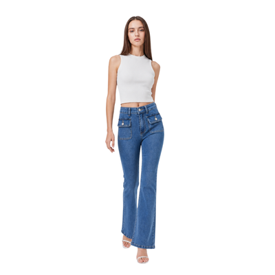 Women's High Waist Flare Jeans with Button Front Pockets
