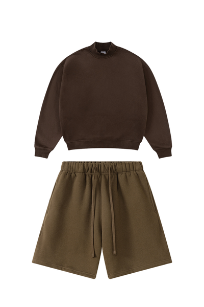 Unisex Winter Boxy Fleece Mock Neck Straight Shorts Set