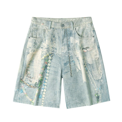 Men's Summer Vintage Oil Painting Print Baggy Denim Shorts
