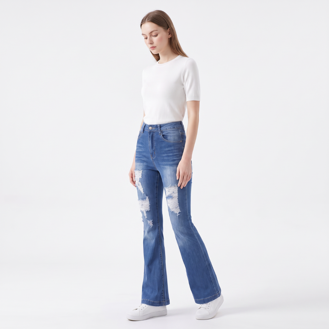 Women's High Waist Ripped Distressed Stretch Flare Jeans