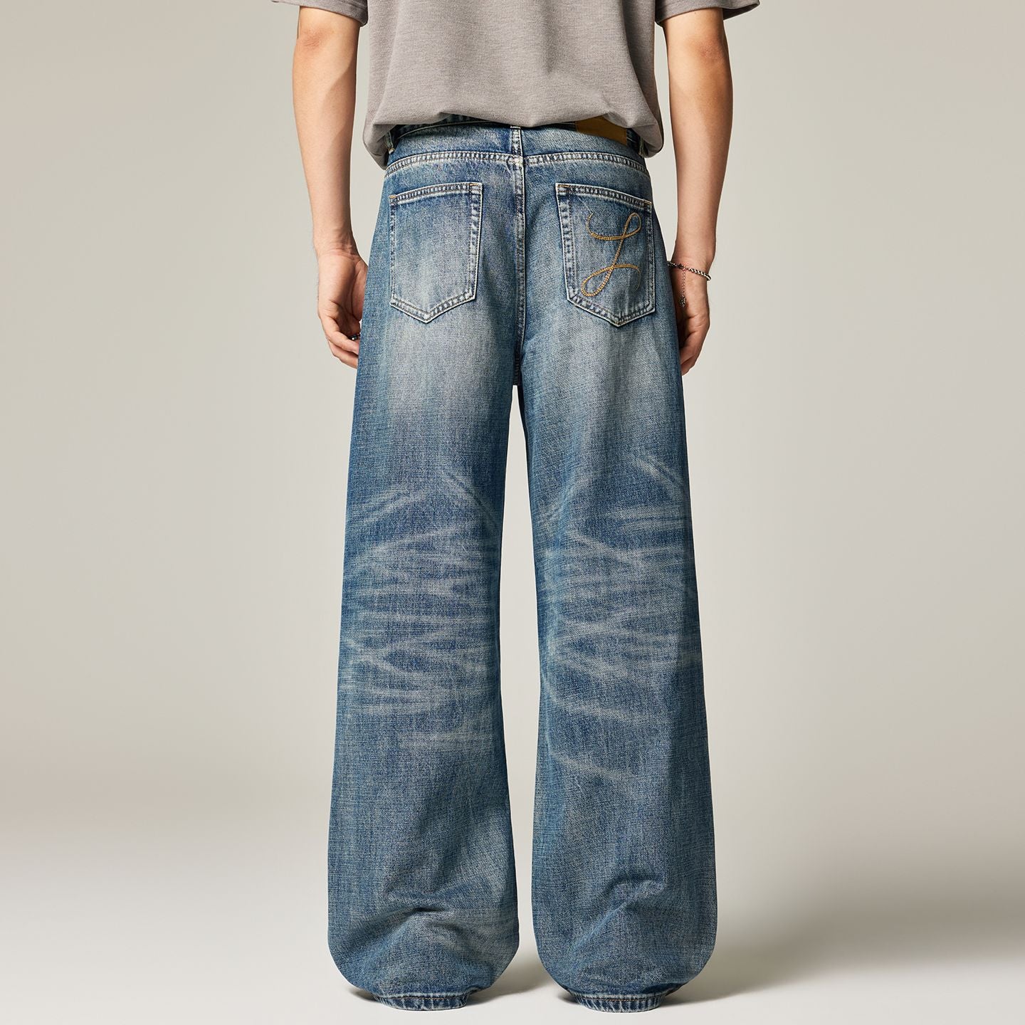 Men's Spring Gradient Blue Cat Whisker Wide-Leg Denim Jeans