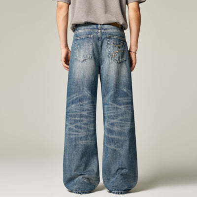Men's Spring Gradient Blue Cat Whisker Wide-Leg Denim Jeans