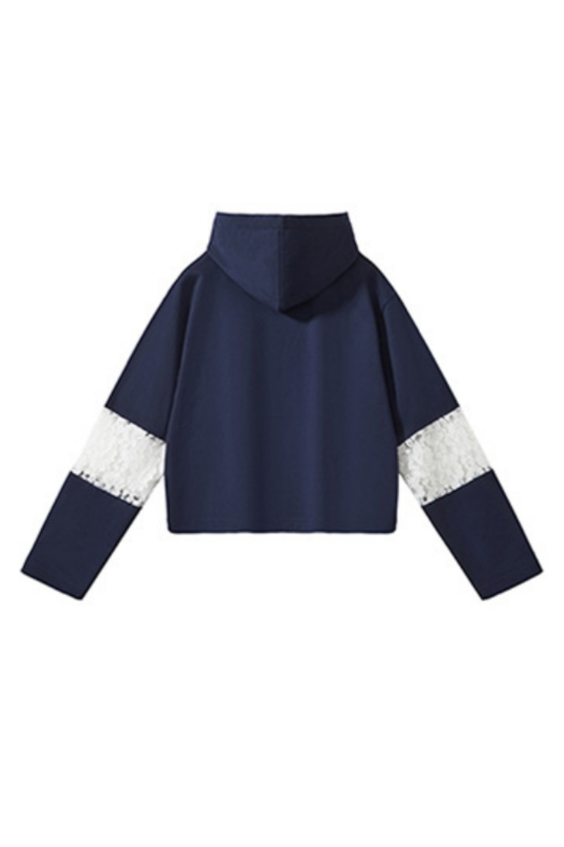 Women Fall Lace Sleeve Cropped Drawstring Pullover Hoodie