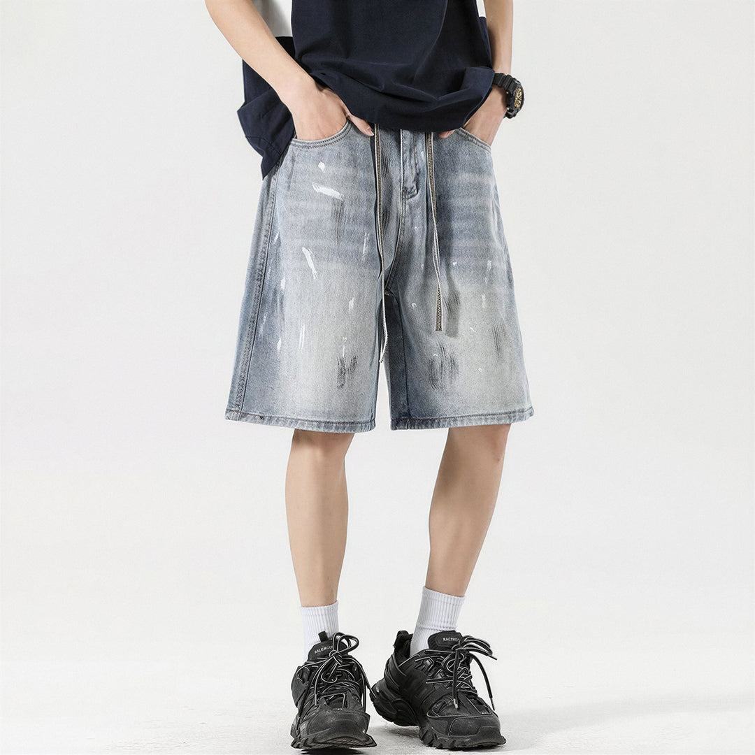 Men's Summer Light Wash Splash Ink Drawstring Denim Shorts