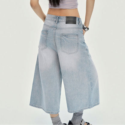Women's Summer Gradient Washed Wide-Leg Denim Capri Pants
