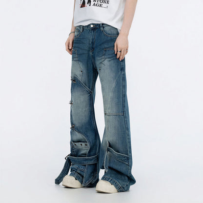 Men's Spring Deconstructed Metal Buckle Cargo Denim Jeans