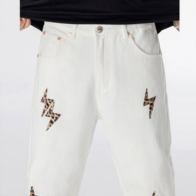 Men's Spring White Leopard Lightning Embroidery Jeans