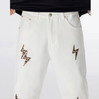 Men's Spring White Leopard Lightning Embroidery Jeans
