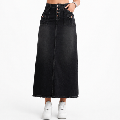 Women's High Waist Button Fly Denim Maxi Skirt