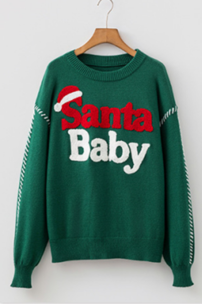 Women's Christmas Towel Embroidery Letter Crew Neck Pullover Sweater