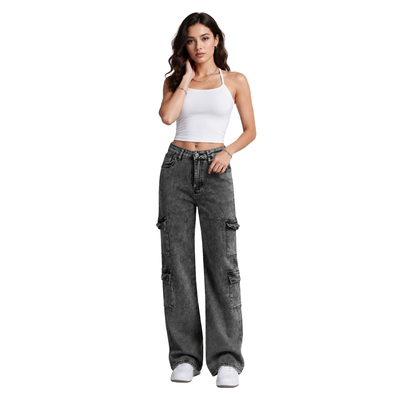 Women's High Waist Cargo Straight Jeans