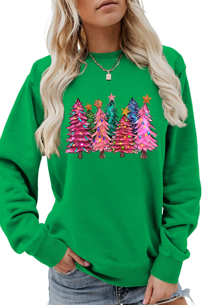 Women's Fall Christmas Tree Graphic Print Crew Sweatshirt