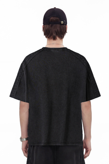 Unisex 275g Cotton Washed Raw Edge Patchwork Sports Tee
