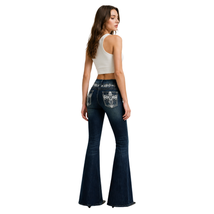Women's High Waist Flare Jeans with Retro Embroidery