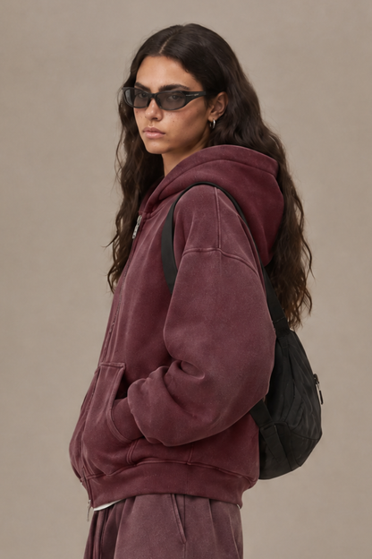Women Fall Clothing Spray Wash Distressed Zip Hoodie