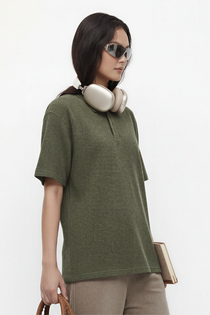 Women's Streetwear Washed Henley Collar Distressed T-shirt