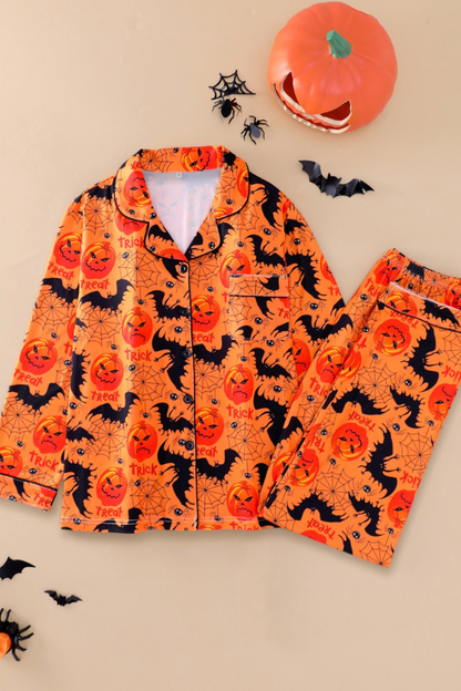 Women Fall Clothing Halloween Pumpkin Bat Web Pajama Set