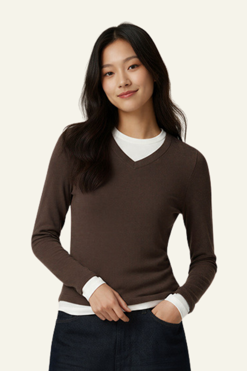 Women V-Neck Layered Long-Sleeve Knit T-Shirt
