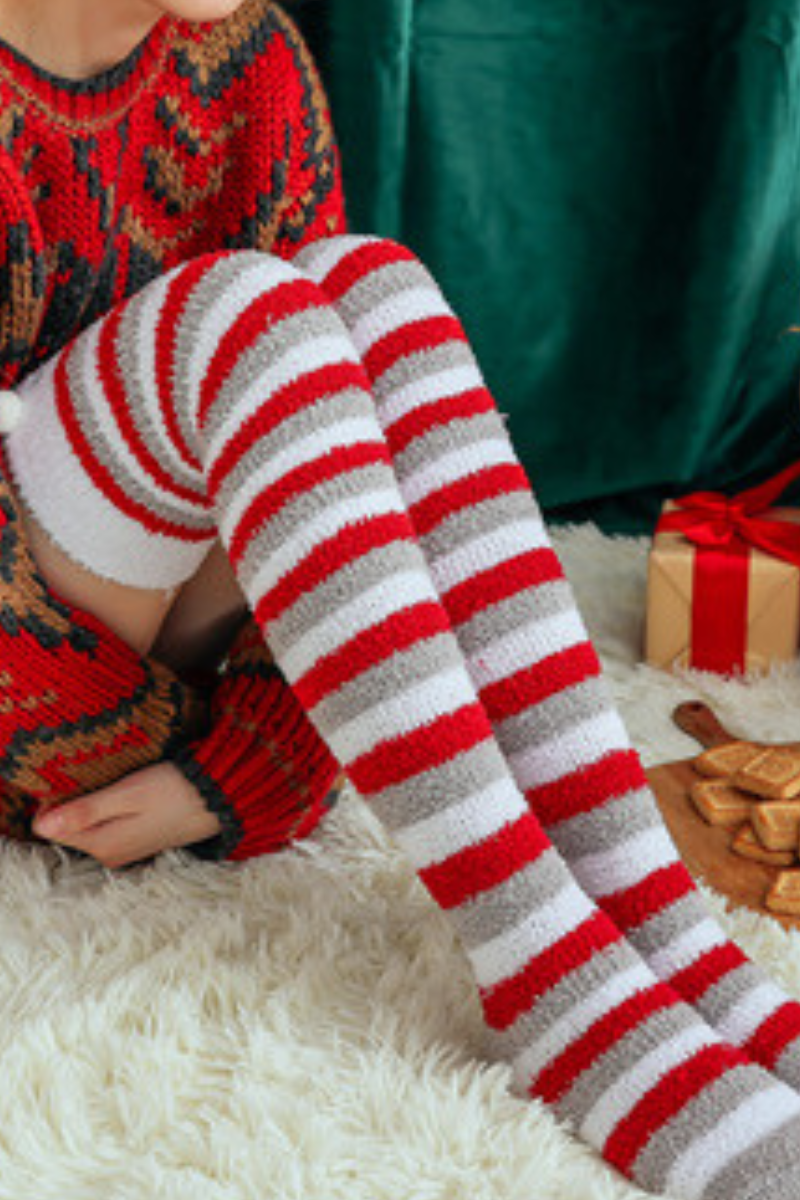 Women Winter Cozy Fleece Christmas Over Knee Socks