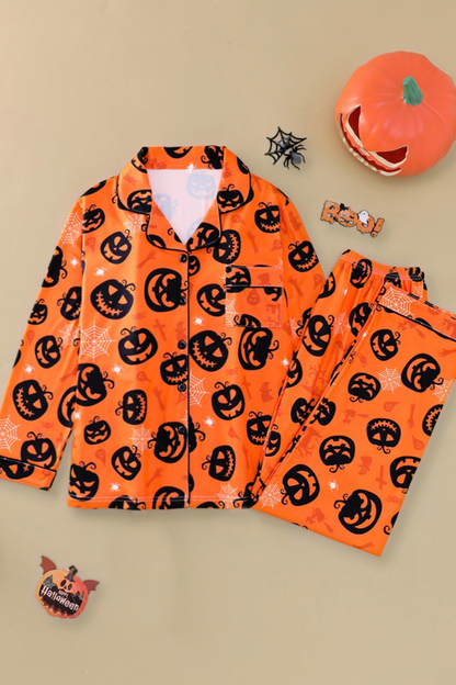 Women Fall Clothing Halloween Pumpkin Web Pajama Set