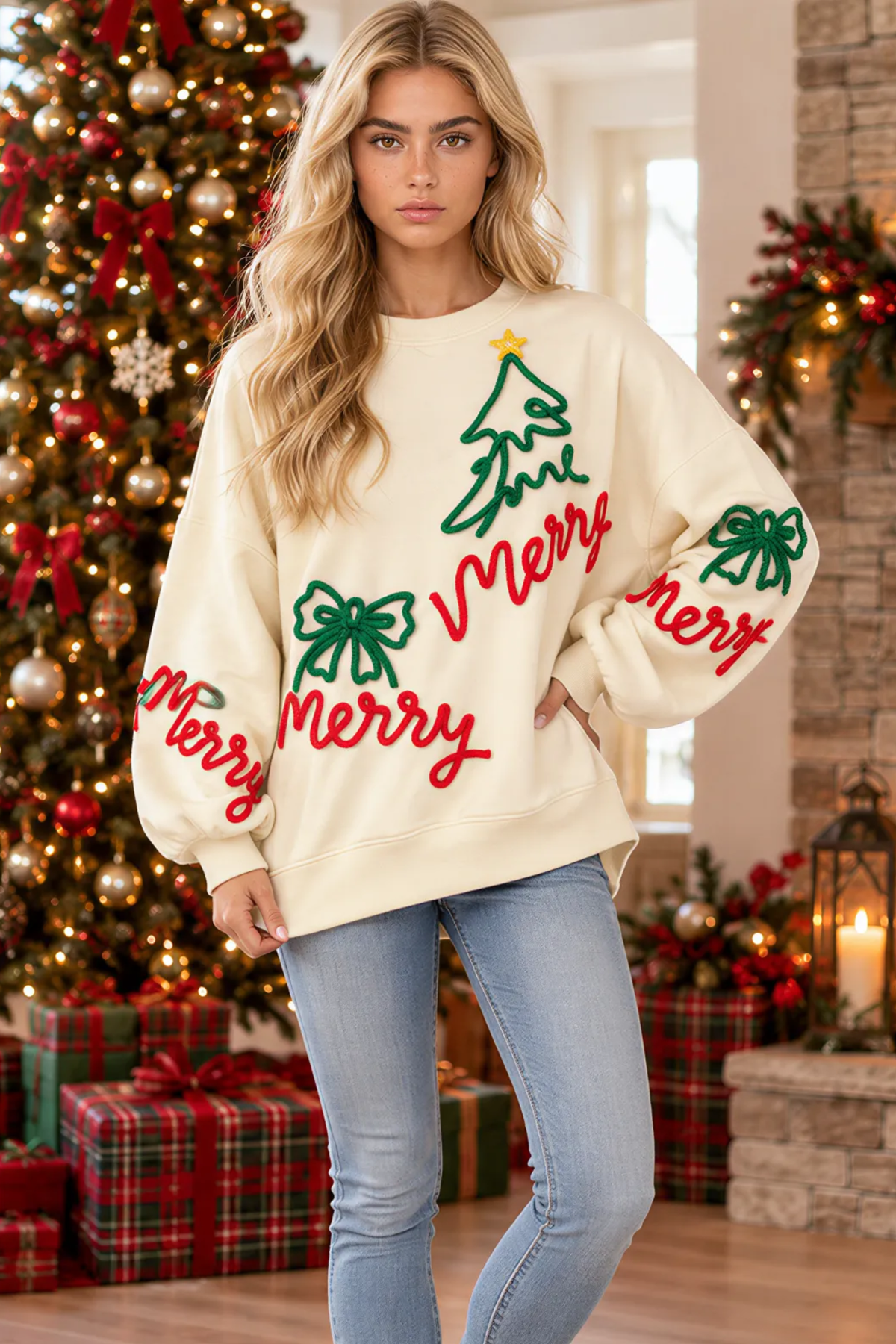 Women's Fall Christmas Bow Graphic Long Sleeve Sweatshirt