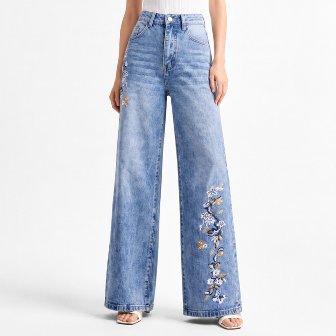 Women's High Waist Side Studded Wide Leg Jeans